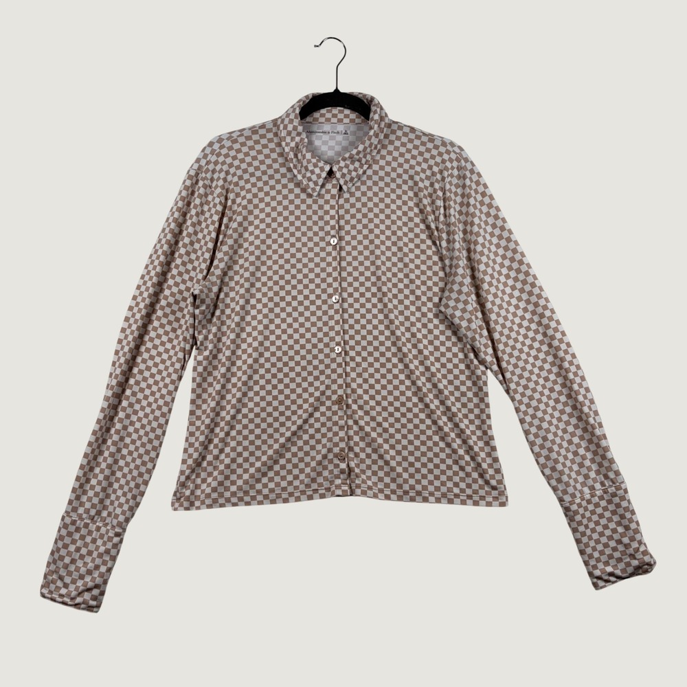 Abercrombie & Fitch Checkered Long Sleeve Shirt Women XL Tan White Gingham Plaid